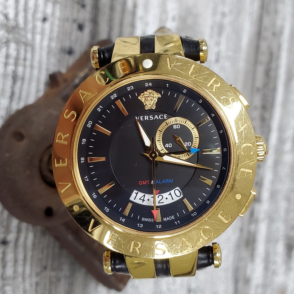 Versace G29 Gold Tone Blue Dial GMT& Alarm Timepiece Dynasty Jewelry