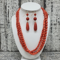 Scala Gioielli 3-Strand Necklace w/ 14K Flower Design+ Earrings Sardinian Coral 