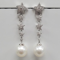18K South Sea Pearl Star Design Diamond Dangle Earrings w/ Friction Backs