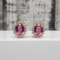 14K Oval Pink Tourmaline Diamond Earrings w/ Omega Backs 
