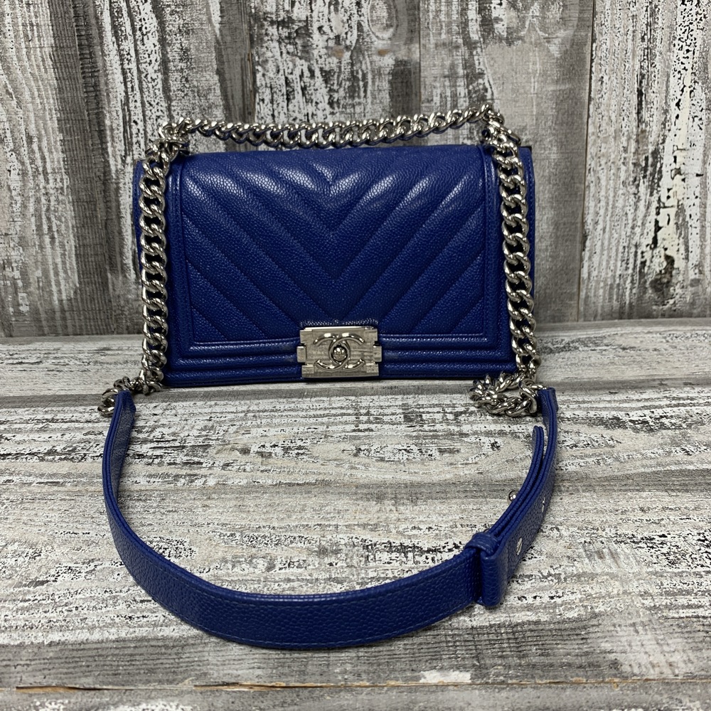 Chanel Medium Boy Bag Caviar Blue Chevron Bag - Entrupy Verified!