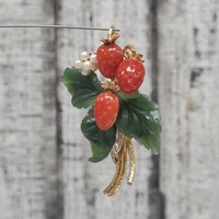 1950'S 14K Strawberry Design Nephrite Jade + Coral + Pearls Pendant