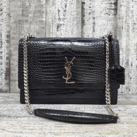 YSL Sunset Medium Croc-Embossed Black Leather Silver Tone Hardware Bag