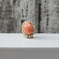 14K Oval Coral + Pearl Halo Ring *Small Chip on Edge of Coral Underneath*