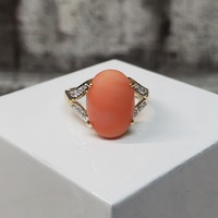 14K Diamond + Oval Pink Coral Ring 