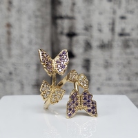 14K Butterfly Design Purple + White CZ Adjustable Size Ring