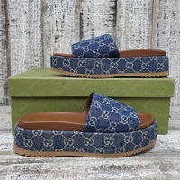 Gucci Blue Tea Denim GG Monogram Angelina Platform Slide Sandals