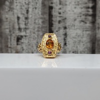 19.2K Fancy Ornate Oval Citrine + Rubies Ring (Portuguese Gold)