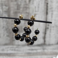 14K Black Beads Hoop Friction Backs Earrings