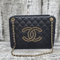 Chanel Black Calfskin Leather Quilted CC Chain Accordion Tote Bag