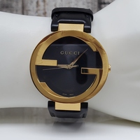 Gucci 133.2 Gold Tone GG Interlocking Watch w/ Black Leather Strap