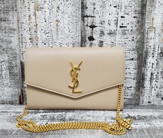 Saint Laurent Grain De Poudre Monogram Uptown Chain Wallet Dark Beige