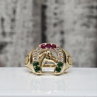 14K Horseshoe Red White and Green CZ + Synth Rubies Ring