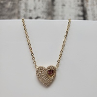 14K Heart CZ + Synth Rubies Attached Pendant Necklace