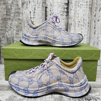 Gucci Run Sneaker  Beige Blue Monogram Size 37.5 In Box