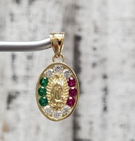 14K Virgin Mary / Guadalupe Synth Rubies + Green + White CZ Religious Pendant