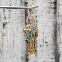 14K St. Jude / San Judas Tadeo Religious Pendant w/ Green + White CZ