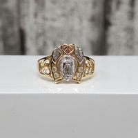 14K TriColor Virgin Mary / Guadalupe Leaf Design CZ Religious Ring