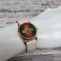 Gucci G-Timeless 126.5 27mm Bee Watch Gold Tone Leather Strap