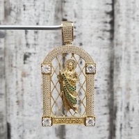 14K San Judas / St. Jude Pendant w/ CZ + Green Stones