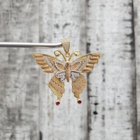 14K TriColor Butterfly Pendant w/ CZ + Synth Rubies