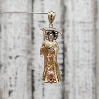 14K TriColor Santa Muerte / Grim Reaper Religious Pendant w/ CZ + Synth Rubies 