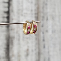 14K CZ + Synth Ruby Small Hoop Earrings