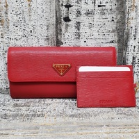 Prada Tessuto Vitello Long Wallet Leather Nylon Fuoco Red Ladi