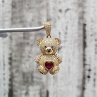 14K Teddy Bear CZ + Synth Ruby Heart Pendant
