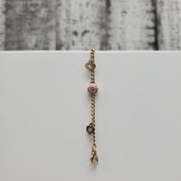 14K Curb Link Heart Charm Bracelet w/ Pink Inlay + Clear Bead