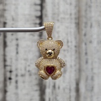 14K Teddy Bear CZ + Synth Ruby Heart Pendant