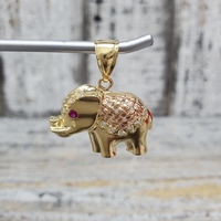 14K Elephant w/ Synth Ruby Eye + CZ Pendant