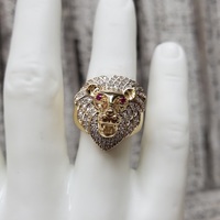 14K Lion Ring w/ CZ + Synth Ruby Eyes