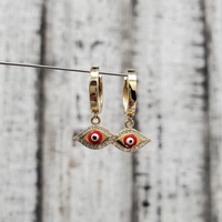 14K Red Evil Eye CZ Hoop Dangle Earrings