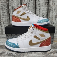 Nike Air Jordan 1 Mid SS (GS) White Metallic Gold Size:6Y