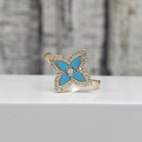 14K Blue Inlay + CZ Flower Design Ring