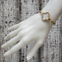 10K Semi Solid Curb Link (Some Dents) w/ MOP Clover Design CZ Stone Bracelet