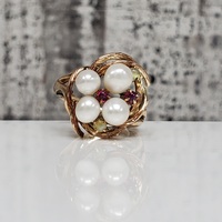 14K Pearl + Opal + Rubies Nest Design Ring