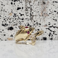14K Dolphin Ring w/ Synth Ruby Eyes + CZ 