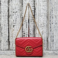 Gucci Red Gg Marmont Chevron Quilted Leather Flap Wallet On A Chain 