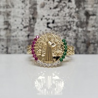 14K San Benito / St. Benedict Religious Ring w/ Synth Rubies + Green + White CZ 