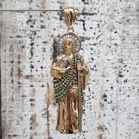 14K San Judas Tadeo Green + White CZ Religious Pendant 