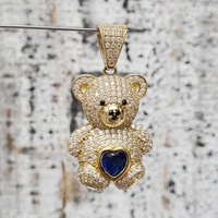14K Teddy Bear CZ + Synth Sapphire Heart Pendant 